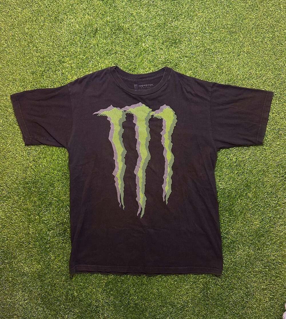 Y2K 2010s Monster Energy Graphic T-Shirt Black Neon Green Logo Tee